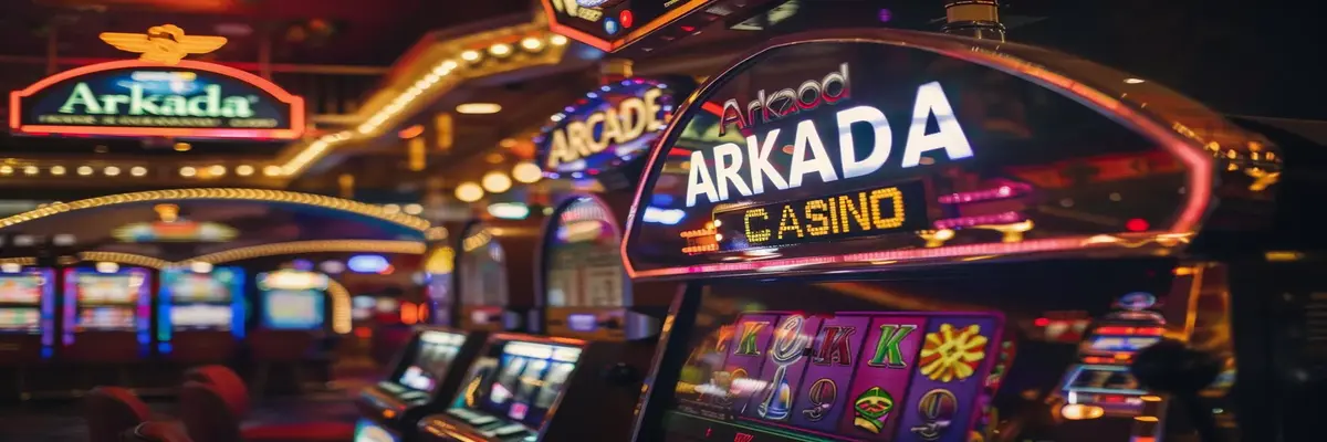 Игровые автоматы Arkada Casino с яркими неоновыми вывесками.